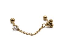Bilanciere in acciaio PVD Oro Speciale motivo Tragus 3 sfere con catena e strass | Itc