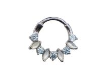 Anello a cerniera in acciaio con cabochon bianco e strass azzurri | Itc